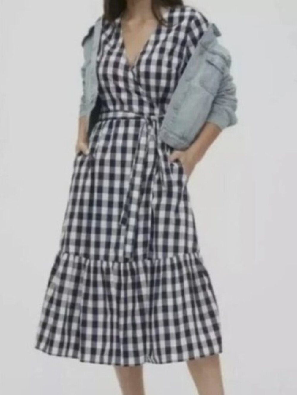 Gap Gingham Wrap Midi Dress Navy White Tie Waist Ruffle Hem Size M - Picture 10 of 10